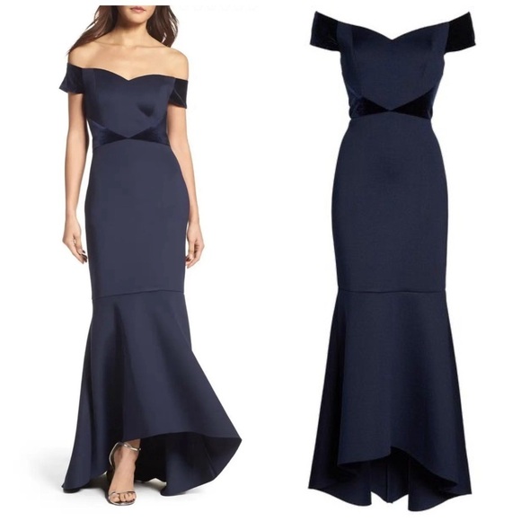 Eliza J Navy Blue Off The Shoulder Hi-Low Mermaid Gown Sz 14 - Picture 1 of 9